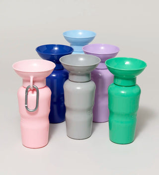 a group of colorful plastic water bottles for dogs