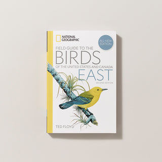 white book cover with title Field Guide to Birds of the United States and Canada EAST with an illustration of a yellow bird on a branch.
