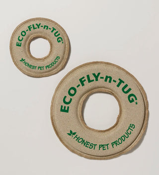 Two sizes of donut shaped hemp fabric discs with text in green including ECO-FLY-n-TUG and Honest Pet Products 