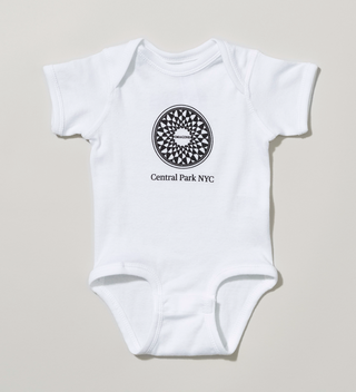 Front view of a white baby onesie with Imagine mosaic design  in the center front.
