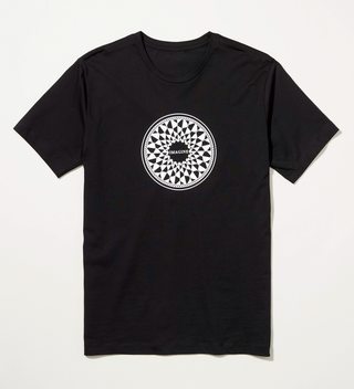 Black t-shirt with a circular 'Imagine' mosaic design, inspired by John Lennon, on the front.