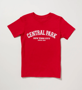 a red child sized t-shirt with white text reading CENTRAL PARK New York City since 1858 on a grey  background