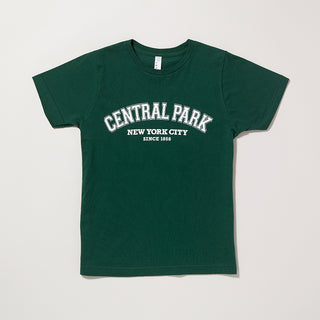 Forest green t-shirt with 'Central Park New York City Since 1858' text on a light gray background