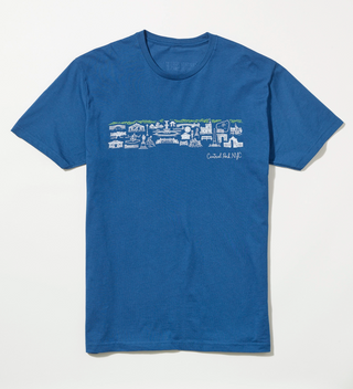 Blue t-shirt with a Central Park  line drawing design and 'Central Park NYC' text laid flat