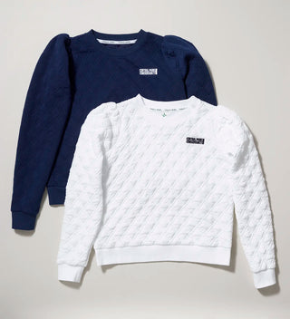 navy and white quilted pullover sweatshirts with Conservancy logos on the left chest