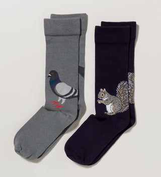 two pairs of socks, a grey pair with a pigeon design and a navy blue pair with a squirrel design