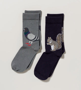 Two pairs of socks, one grey with the image of a pigeon and one navy with the image of a squirrel