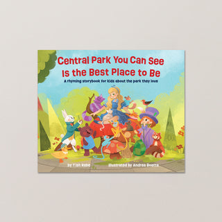 Children's book cover with cartoon characters of Alice in Wonderland  statue in Central Park and colorful illustration on a gray background