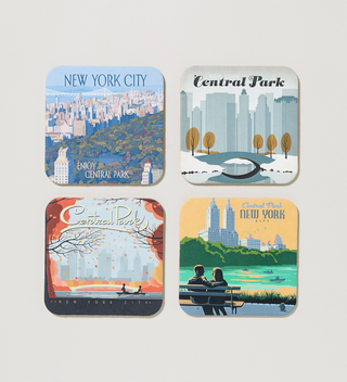 Four Central Park-themed coasters with different designs, laid out in a square on a grey background.