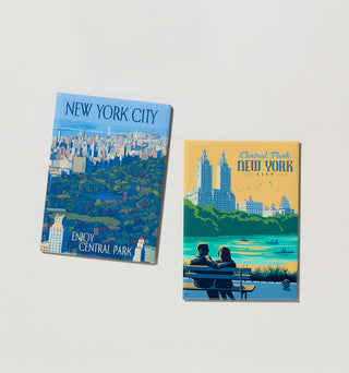Image of four Central Park Travel Poster magnets capturing the classic scenes of the Central Park's seasonal beauty