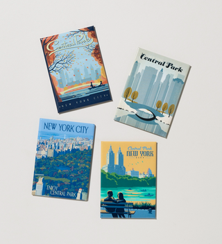 Image of four Central Park Travel Poster magnets capturing the classic scenes of the Central Park's seasonal beauty