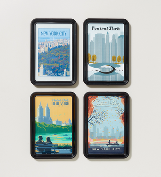 Image of four Central Park Travel Poster trays capturing the classic scenes of the Central Park's seasonal beauty, with three coins placed on one frame to show scale