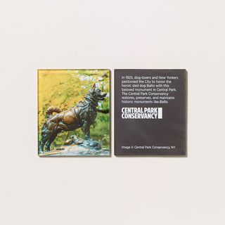 An acrylic magnet featuring a photograph of the sculpture of Balto  the sled dog in Central Park with its reverse featuring text and a logo on a gray background.