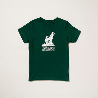 Forest Green t-shirt with an antique  white print of Balto statue Central Park Conservancy design on a light gray background