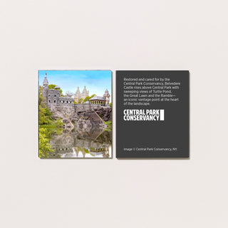 Front and back of an acrylic magnet scenic view Belvedere Castle in Central Park and the reverse with text and branding, on a light gray background.