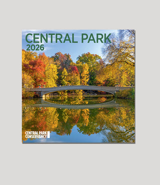 Central Park  2026  calendar cover with autumn scene and Bow Bridge over  the Lake.