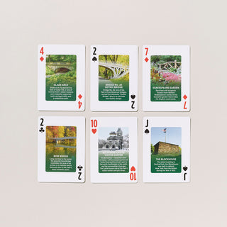 Set of six Central Park playing cards with scenic Park images and text on a gray background