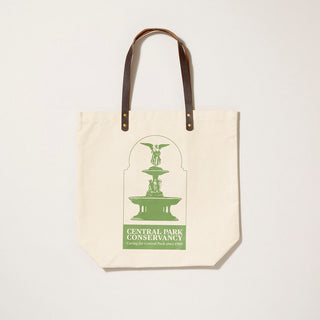 Natural Canvas  tote bag with a green digital printed Central Park Conservancy Bethesda Fountain design on a light gray background