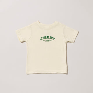Natural color t-shirt with 'Central Park New York City' text in Forest Green on a light gray background