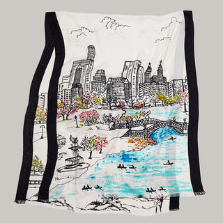 Scarf with an ink and watercolor drawing of Central Park landscapes and  landmarks including Bethesda Fountain, Bow bridge and the New York City  skyline