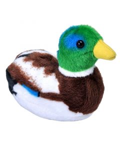 This 5 inch plush is of a Mallard Duck, bright green, blue, and brown in color, with beaded eyes and a yellow beak that when squeezed at the belly produces the authentic bird call from the Cornell Lab of Ornithology's wildlife recordings. The species accu