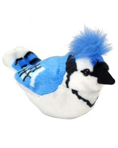 This 5 inch plush is of a Blue Jay, bright blue, white, and black in color, with beaded eyes and a black beak that when squeezed at the belly produces the authentic bird call from the Cornell Lab of Ornithology's wildlife recordings. The species accurate 