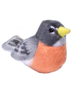 This 5 inch plush is of an American Robin, grey, white, and copper in color, with beaded eyes and a yellow beaks that when squeezed at the belly produces the authentic bird call from the Cornell Lab of Ornithology's wildlife recordings. The species accura