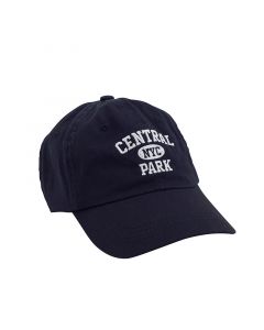 This navy brushed cotton cap features the words “Central Park NYC” embroidered in white across the front. The hat has an adjustable band with a brass clasp.