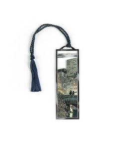 Our grey, silver, and gold-colored Central Park Gapstow Bridge bookmark is made from solid brass and electro-plated with a non-tarnishing silver finish. The string that is fixed to the top of the bookmark is midnight-blue in color. Measures 1.25x4". Made 
