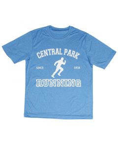Our heather blue 3.8-ounce, 100% polyester "Central Park Running" tee features subtle mesh texture, moisture-wicking performance and color-preserving PosiCharge technology. 