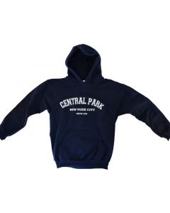 This kid's navy hoodie features the Official Central Park design: "Central Park, NYC Since 1858," the year of the Park's creation. The Central Park Conservancy logo is imprinted on the back neck, and there is a large pocket on the front of the hoodie. 