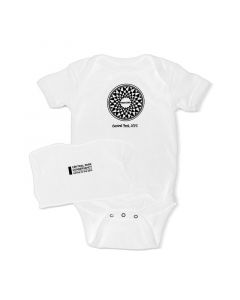 This white onesie with black imprint features the "Imagine" mosaic design from the John Lennon memorial at Strawberry Fields. The bottom opens and closes with three snaps. Onesies are 100% cotton with a lap shoulder construction to fit easily over the hea