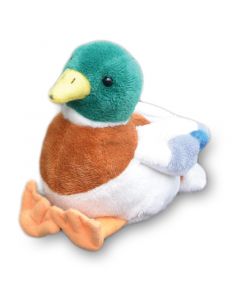 The plush Rumsey the Duck measures approximately 7" tall, is surface washable, and its colors are brown, white, and green with a light yellow beak.
