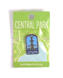 This Bethesda Fountain metal and enamel pin features a teal, blue, and grey depiction of the Bethesda Fountain, with the words "Central Park, New York City" at the base. Measures 3/4 x 1.25"