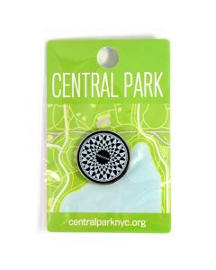 A 1" round metal and enamel pin featuring the Imagine Mosaic in Central Park's Strawberry Fields, in black and white.