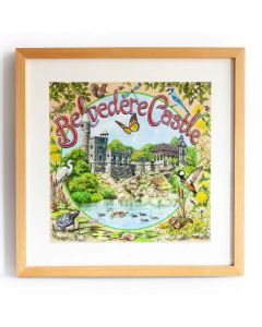 This exclusive painting features Belvedere Castle printed in the USA on crisp, museum quality paper and measures 10" x 10". This piece includes a light brown wooden frame, which measures 16" x 16".
