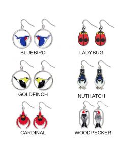 These earrings made of solid brass and electro-plated with a non-tarnishing silver finish were inspired by illustrator Charley Harper. Select from the following colorful designs: bluebird, ladybug, goldfinch, nuthatch, cardinal, woodpecker.  