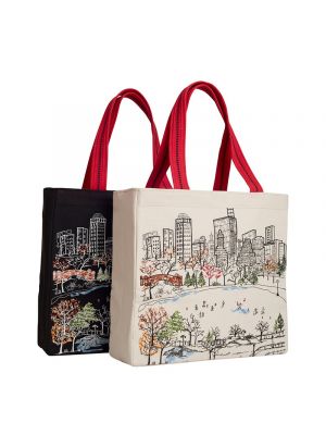 This beautiful 100% cotton canvas tote shows Central Park in Spring/Summer on one side, and Fall/Winter scenes on the other. Comes in two color options of Day (Cream) and Night (Black). Features a red waterproof lining, an inside pocket and attractive rib