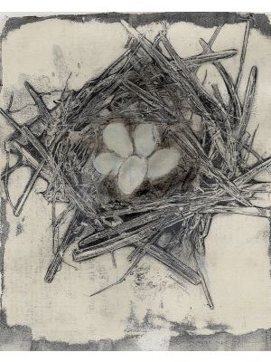 Reflecting Sara Lamond's mixed media abstract art, the Bird's Nest is 4 x 4 layered monotype, created with acrylic and soft pastel on paper.