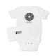 This white onesie with black imprint features the 