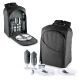This backpack features a deluxe picnic service for two, including 2 plates, 2 glasses, stainless steel silverware, waiter-style corkscrew, salt & pepper set and 100% cotton napkins. Measures 15.5 x 10.5 x 7 inches. Weighs 2.7 lbs.