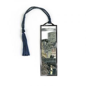 Our grey, silver, and gold-colored Central Park Gapstow Bridge bookmark is made from solid brass and electro-plated with a non-tarnishing silver finish. The string that is fixed to the top of the bookmark is midnight-blue in color. Measures 1.25x4