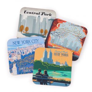 These Central Park themed coasters feature Anderson Design Group's illustrations. Made in the USA, they are heat and water-resistant, feature a deluxe cork-backing. Available in four designs. Dimensions: 3.75