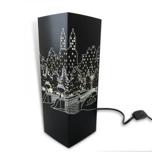 Available in two designs, Bow Bridge and Imagine Mosaic. Made of laser cut paper. Kit includes paper lamp shade, base, cord with type A plug with bulb socket and assembly instructions. Uses a E26/27 bulb (max 11 watts), not included. Measures 4