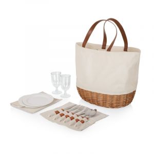 The Promenade Picnic Basket is comprised of a cotton canvas body with a handwoven Willow wicker bottom, a poly/cotton fabric liner, and 11.6” Leatherette handles for easy carrying. Included are 2 plates, 2 sets of flatware, and 2 glasses.