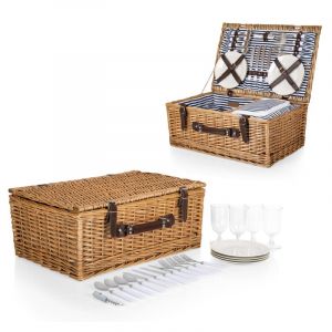 The Belmont Picnic Basket for 4 is a deluxe English picnic basket set loaded with full wine and cheese service for four and plenty of romantic vintage charm. Dimensions: 6.3 x 14.2 x 10.6 in.